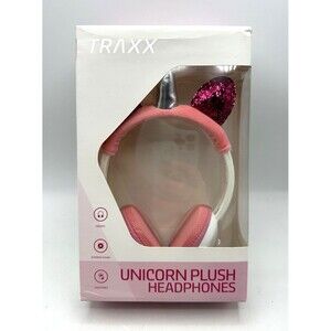 Traxx Unicorn Plush Headphones Over the Head Plug in Pink/Silver Horn NEW